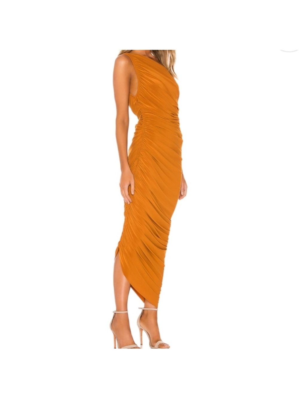 Norma Kamali Asymmetrical Ruched Midi Dress in Mustard Orange